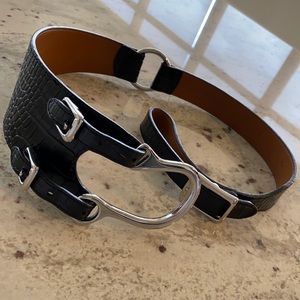 LAUREN by RALPH LAUREN,BLACK ALLIGATOR EMBOSSED, STURIPED BELT